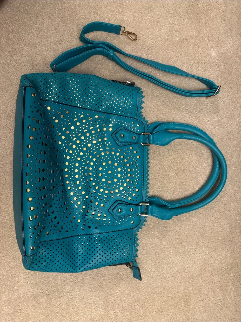 Melie Biiano Teal Perforated Tote with Gold Accents